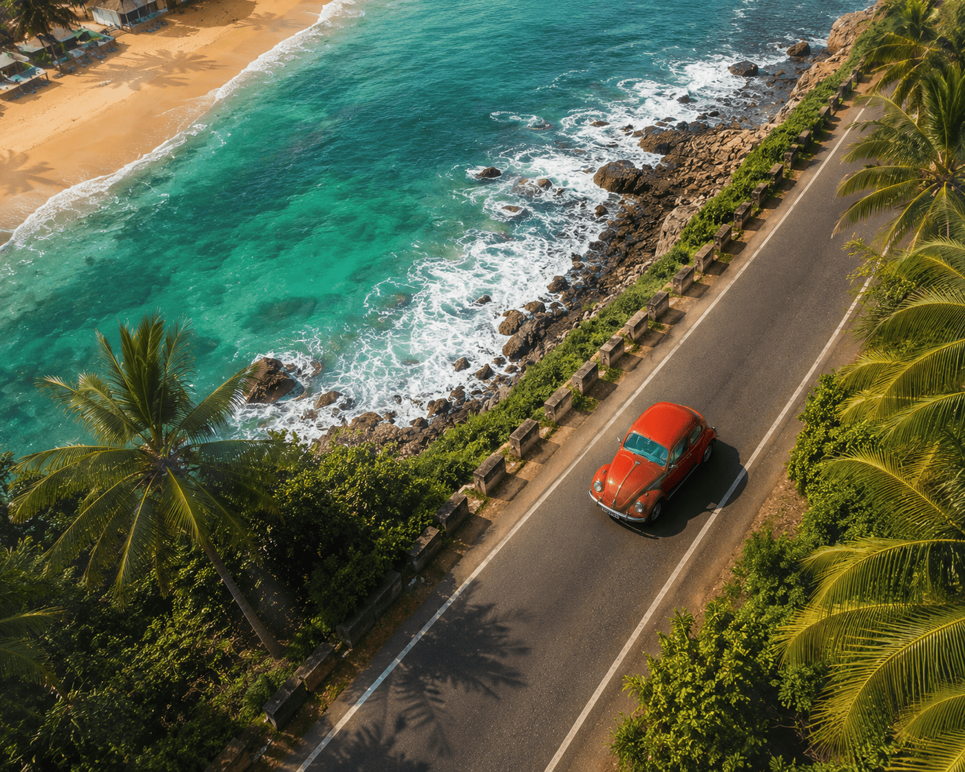 A vintage orange Volkswagen Beetle driving along Sri Lanka's southern coastal highway